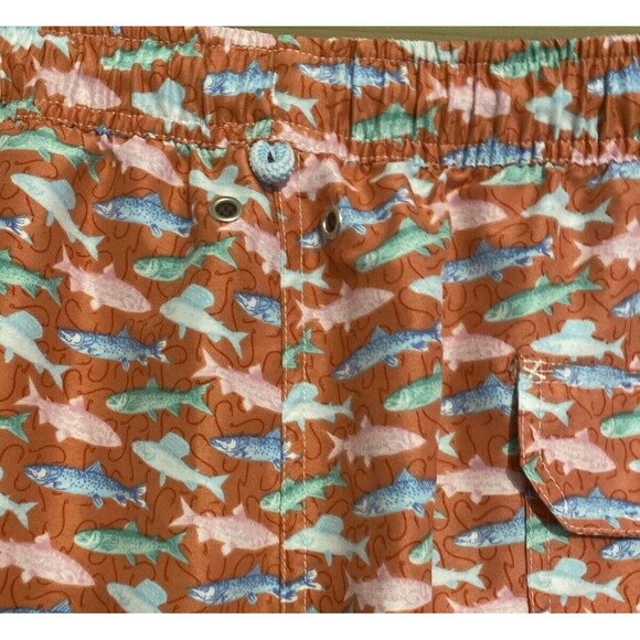 PETER MILLAR SEASIDE Mens L Pink Blue Fish Print Mesh Lined Swim Trunks Shorts - Picture 5 of 8